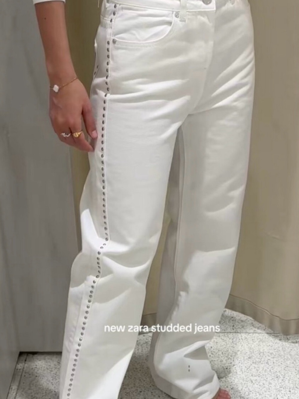 Zara White Studded Wide-Leg Jeans